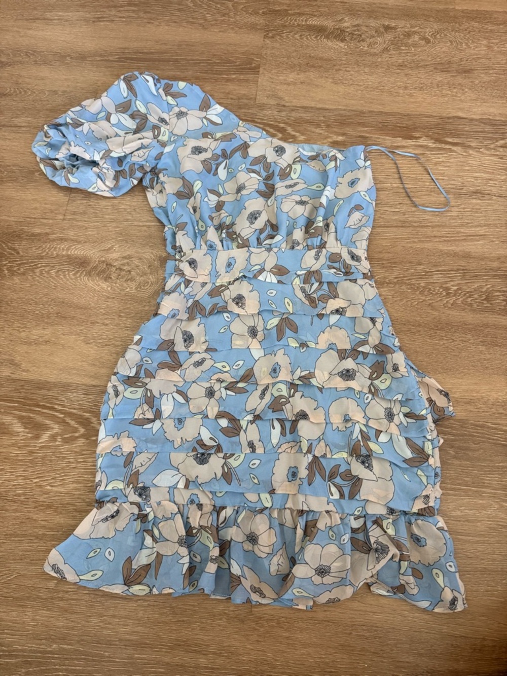 Astr the Label Blue Floral One-Shoulder Ruffle Dress